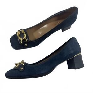 Talbots Women’s Size 7.5 Navy Suede Block‎ Heel with Gold Accents